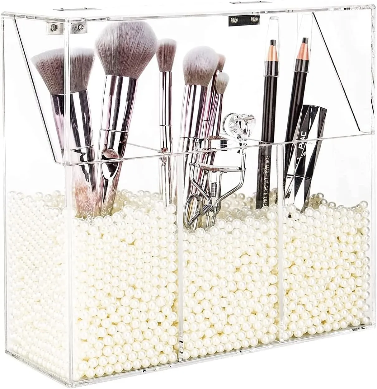 YestBuy Clear Makeup Brush Holder, Acrylic Makeup Brush Organizer For Vanity, Cosmetic Brush Storage Box with Pearls, For Bathroom, Bedroom, Vanity Countertop
