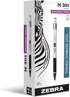 Zebra Pen M-301 Mechanical Pencil, Stainless Steel Barrel, Fine Point, 0.5mm, Black Grip, 12-Pack