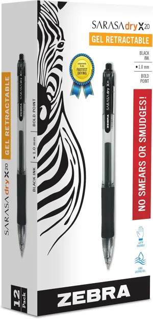 Zebra Sarasa Retractable Gel Ink Pens, Bold Point 1.0mm, Black, Rapid Dry Ink, 12-Count (46610)