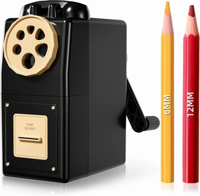 ZMOL Manual Hand Crank Pencil Sharpener for Color Pencil 6 Sizes for 6-12mm Colored Pencils 5 Adjustable Tip Settings Large Shavings Box Home/Office/School